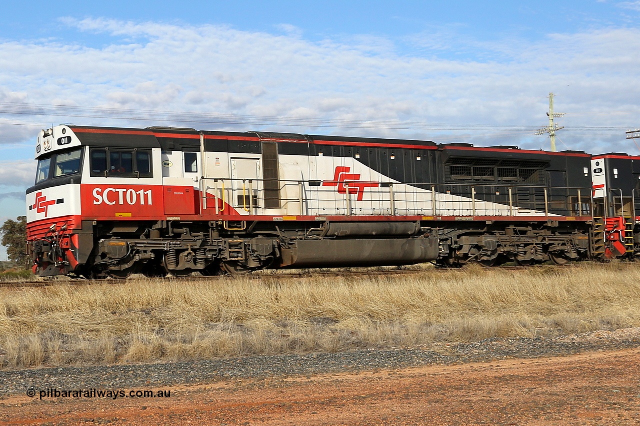 130710 1005
Parkeston, SCT train 3PG1 which operates from Perth to Parkes [Goobang Junction, NSW], SCT class SCT 011 serial 07-1735 lead unit is an EDI Downer built EMD model GT46C-ACe. Wednesday 10th of July 2013.
Keywords: SCT-class;SCT011;EDI-Downer;EMD;GT46C-ACe;07-1735;
