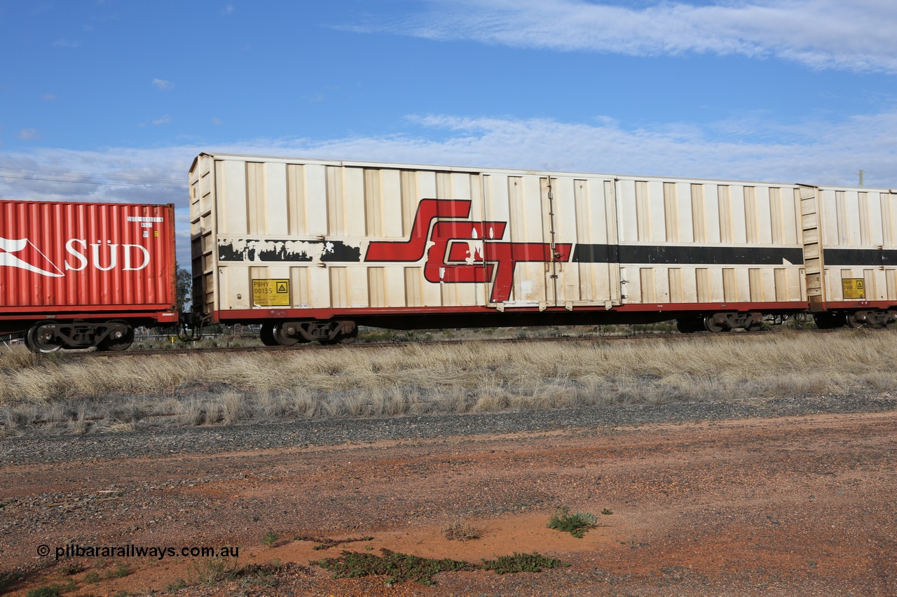 130710 1014
Parkeston, SCT train 3PG1, PBHY type covered van PBHY 0013 Greater Freighter, one of thirty five units built by Gemco WA in 2005 without the Greater Freighter signage.
Keywords: PBHY-type;PBHY0013;Gemco-WA;