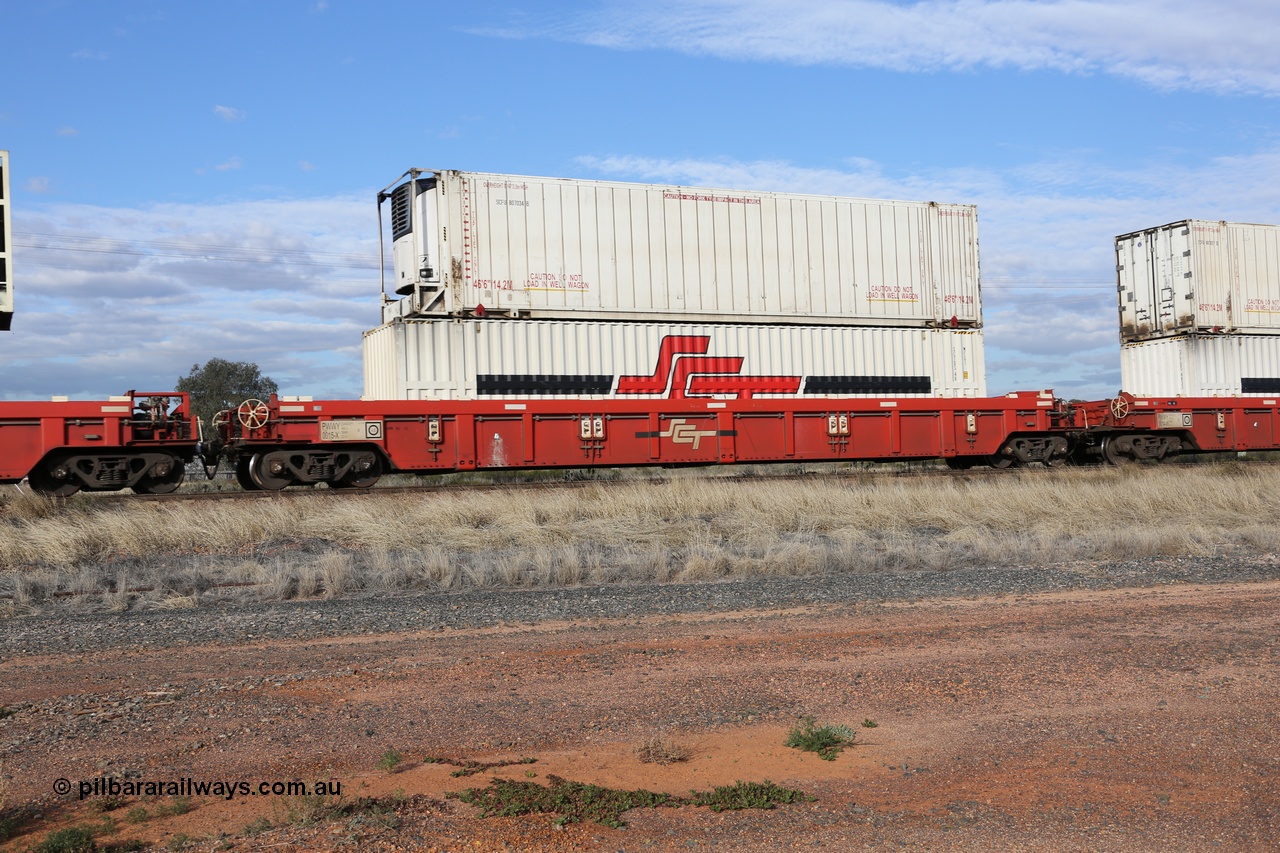 130710 1019
Parkeston, SCT train 3PG1, PWWY type 100 tonne well waggon PWWY 0015 double stacked with an SCT 48' MFG1 type container SCTDS 4850 and a 46' 6