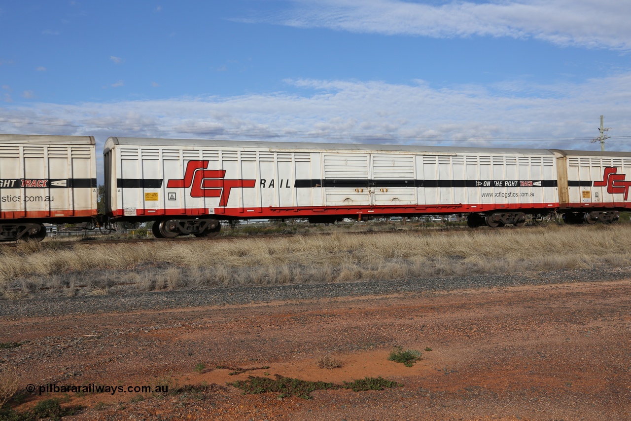130710 1026
Parkeston, SCT train 3PG1, ABSY type covered van ABSY 4479, originally built by Comeng WA in 1977 in a batch of one hundred for Commonwealth Railways as VFX type. Recoded to ABFX, then to ABFY in April 1996. To SCT as ABFY before being converted by Gemco WA to ABSY type in 2004/05.
Keywords: ABSY-type;ABSY4479;Comeng-WA;VFX-type;ABFX-type;ABFY-type;
