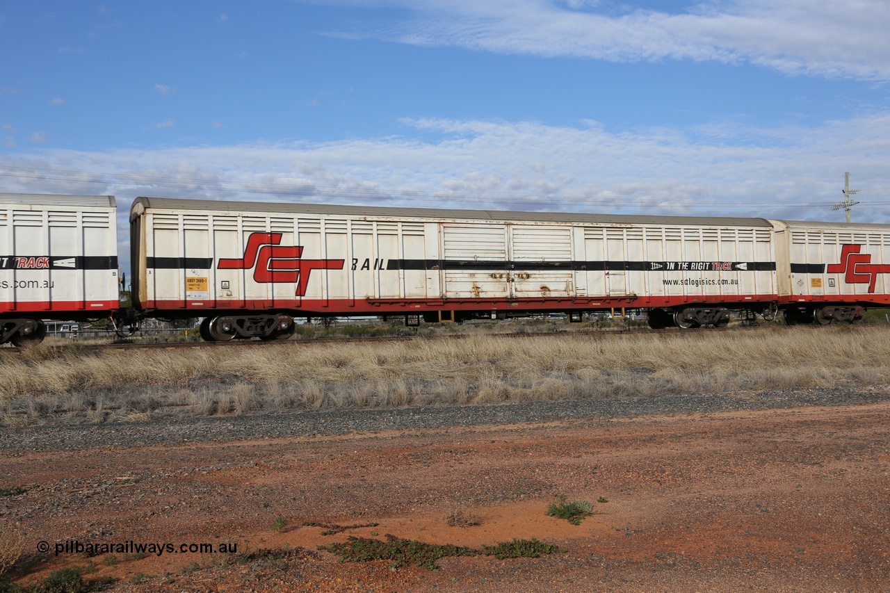 130710 1027
Parkeston, SCT train 3PG1, ABSY type ABSY 2469 covered van, originally built by Mechanical Handling Ltd SA in 1972 for Commonwealth Railways as VFX type recoded to ABFX and then RBFX to SCT as ABFY before being converted by Gemco WA to ABSY type in 2004/05.
Keywords: ABSY-type;ABSY2469;Mechanical-Handling-Ltd-SA;VFX-type;ABFY-type;