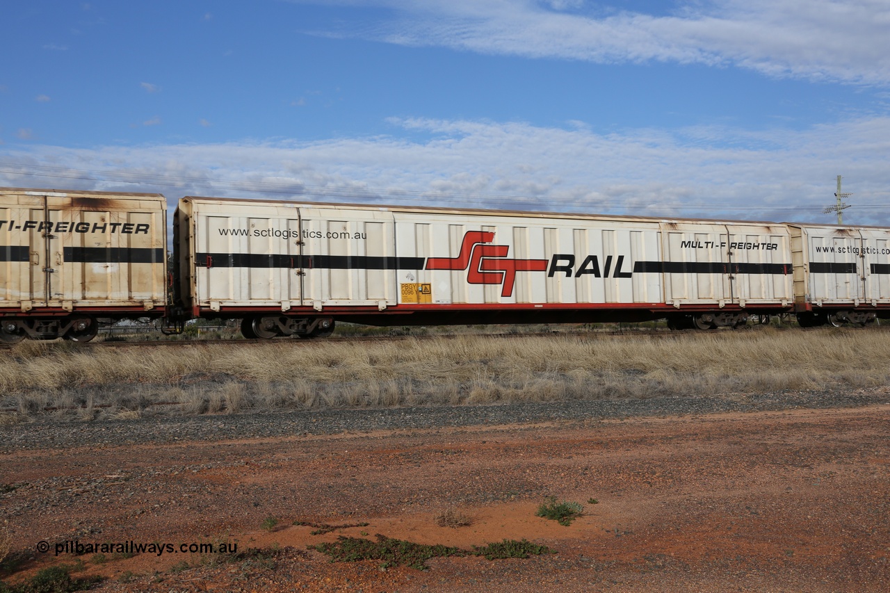 130710 1034
Parkeston, SCT train 3PG1, PBGY type covered van PBGY 0096 Multi-Freighter, one of eighty waggons from the second order built by Gemco WA for SCT.
Keywords: PBGY-type;PBGY0096;Gemco-WA;