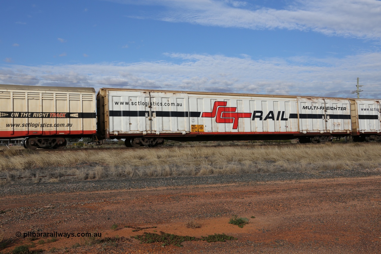 130710 1037
Parkeston, SCT train 3PG1, PBGY type covered van PBGY 0022 Multi-Freighter, one of eighty two waggons built by Queensland Rail Redbank Workshops in 2005.
Keywords: PBGY-type;PBGY0022;Qld-Rail-Redbank-WS;