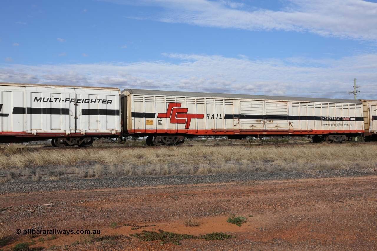 130710 1039
Parkeston, SCT train 3PG1, ABSY type van ABSY 4485, one of a batch of fifty made by Comeng WA as VFX type 75' covered vans 1977, recoded to ABFX type, when Gemco WA upgraded it to ABSY type, seen here with the silver corrugated roof fitted.
Keywords: ABSY-type;ABSY4485;Comeng-WA;VFX-type;ABFX-type;RBFX-type;ABFY-type;