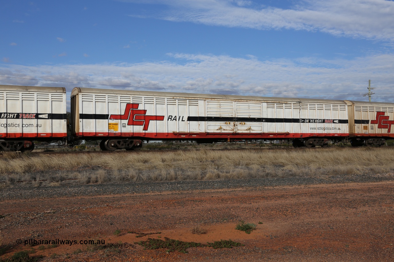 130710 1042
Parkeston, SCT train 3PG1, ABSY type ABSY 2445 covered van, originally built by Mechanical Handling Ltd SA in 1971 for Commonwealth Railways as VFX type recoded to ABFX and then RBFX before being converted from ABFY by Gemco WA to ABSY type in 2004/05.
Keywords: ABSY-type;ABSY2445;Mechanical-Handling-Ltd-SA;VFX-type;ABFX-type;RBFX-type;ABFY-type;