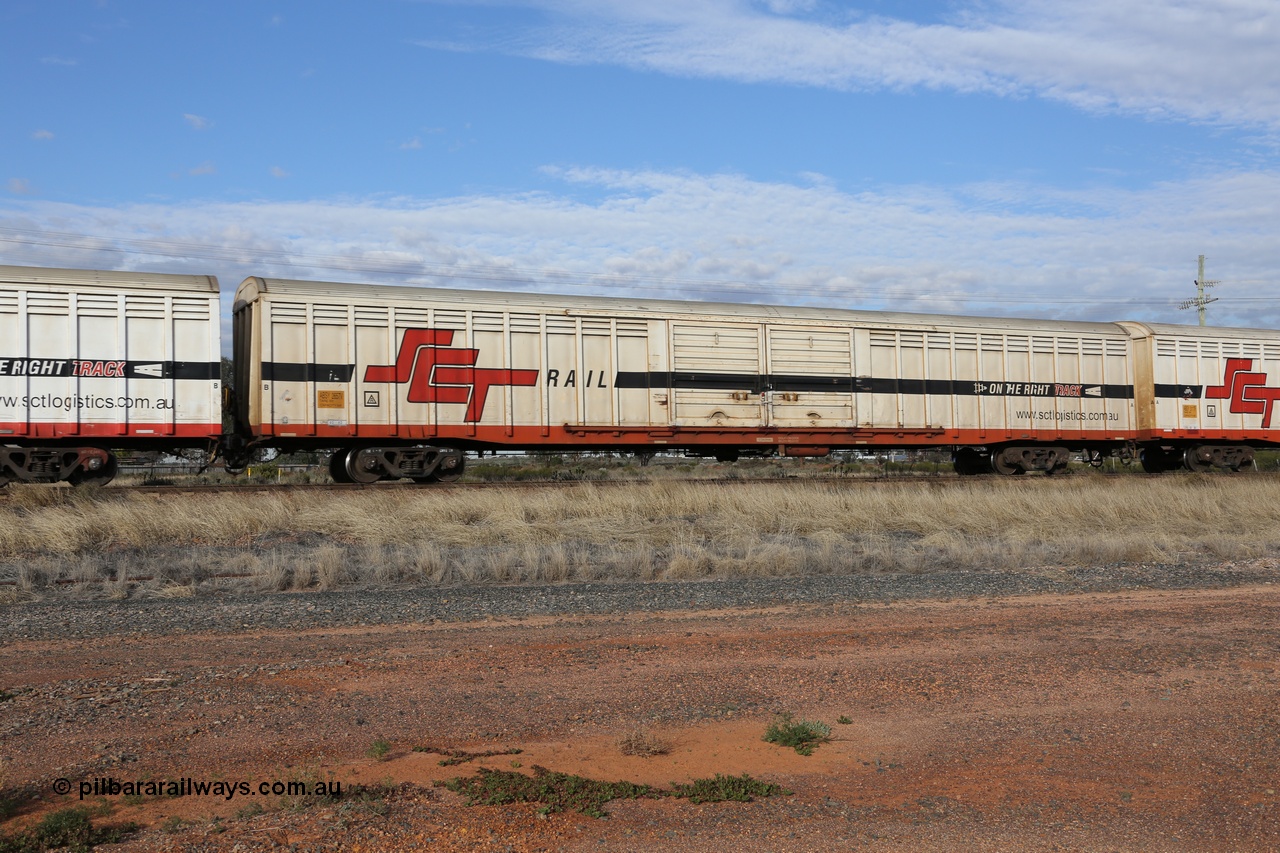 130710 1043
Parkeston, SCT train 3PG1, ABSY type ABSY 2657 covered van, originally built by Comeng NSW in 1973 for Commonwealth Railways as VFX type, recoded to ABFX then RBFX to SCT as ABFY before conversion by Gemco WA to ABSY in 2004/05.
Keywords: ABSY-type;ABSY2657;Comeng-NSW;VFX-type;ABFX-type;ABNX-type;ABFY-type;