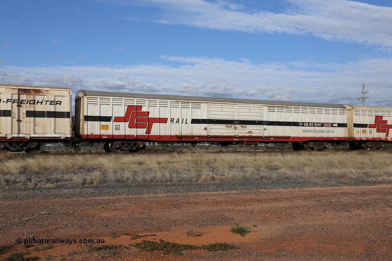 130710 1047
Parkeston, SCT train 3PG1, ABSY type ABSY 2826 covered van, originally built by Carmor Engineering SA in 1976 as a VFX type covered van for Commonwealth Railways, recoded to ABFX, then to RBFX and converted from ABFY by Gemco WA in 2004/05 to ABSY.
Keywords: ABSY-type;ABSY2823;Carmor-Engineering-SA;VFX-type;ABFX-type;RBFX-type;ABFY-type;