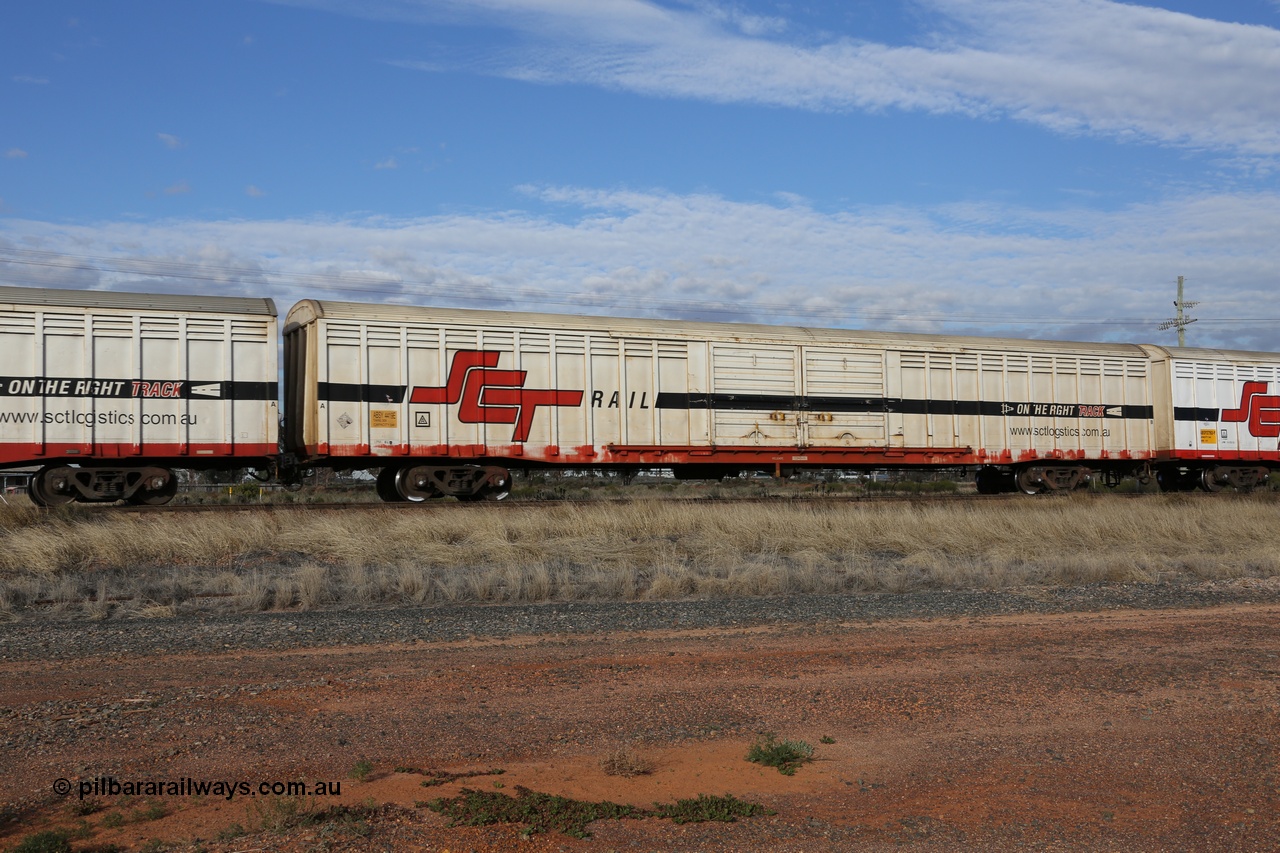 130710 1048
Parkeston, SCT train 3PG1, ABSY type ABSY 4419 covered van, originally built by Comeng WA in 1977 for Commonwealth Railways as VFX type, recoded to ABFX and RBFX to SCT as ABFY before conversion by Gemco WA to ABSY in 2004/05.
Keywords: ABSY-type;ABSY4419;Comeng-WA;VFX-type;ABFX-type;RBFX-type;ABFY-type;