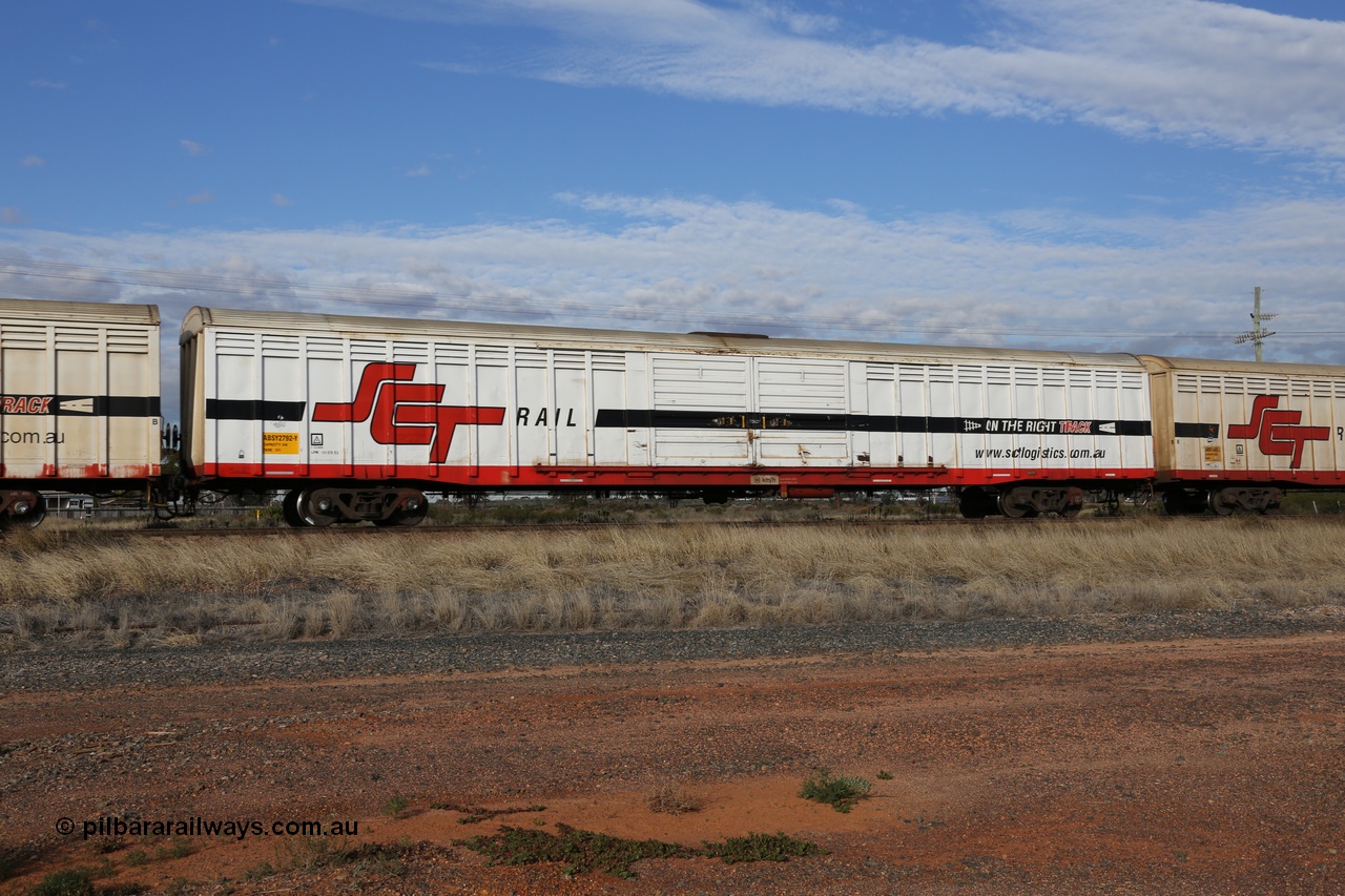 130710 1049
Parkeston, SCT train 3PG1, ABSY type ABSY 2792 covered van, originally built by Carmor Engineering SA in 1976 as a VFX type covered van for Commonwealth Railways, recoded to ABFX and converted from ABFY by Gemco WA in 2004/05 to ABSY.
Keywords: ABSY-type;ABSY2792;Carmor-Engineering-SA;VFX-type;ABFX-type;RBFX-type;ABFY-type;