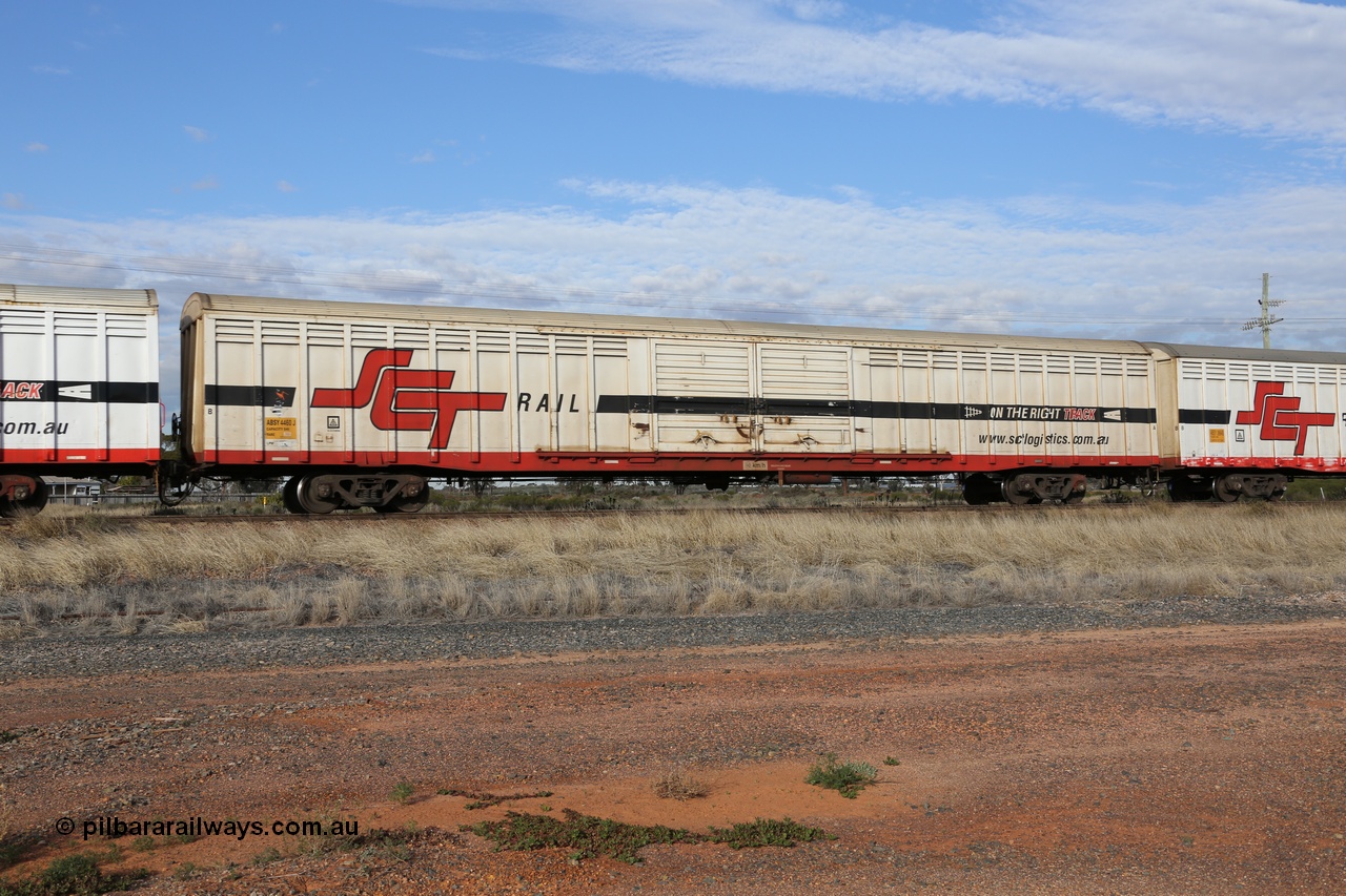 130710 1050
Parkeston, SCT train 3PG1, ABSY type ABSY 4460 covered van, originally built by Comeng WA in 1977 for Commonwealth Railways as VFX type, recoded to ABFX and RBFX to SCT as ABFY before conversion by Gemco WA to ABSY in 2004/05.
Keywords: ABSY-type;ABSY4460;Comeng-WA;VFX-type;ABFX-type;RBFX-type;ABFY-type;