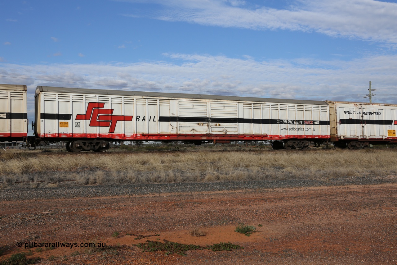130710 1051
Parkeston, SCT train 3PG1, ABSY type covered van ABSY 2664, one of a batch of fifty made by Comeng WA as VFX type 75' covered vans 1977, recoded to ABFX then ABFY type, when Gemco WA upgraded it to ABSY type, seen here with the silver corrugated roof fitted.
Keywords: ABSY-type;ABSY2664;Comeng-NSW;VFX-type;ABFX-type;ABFY-type;