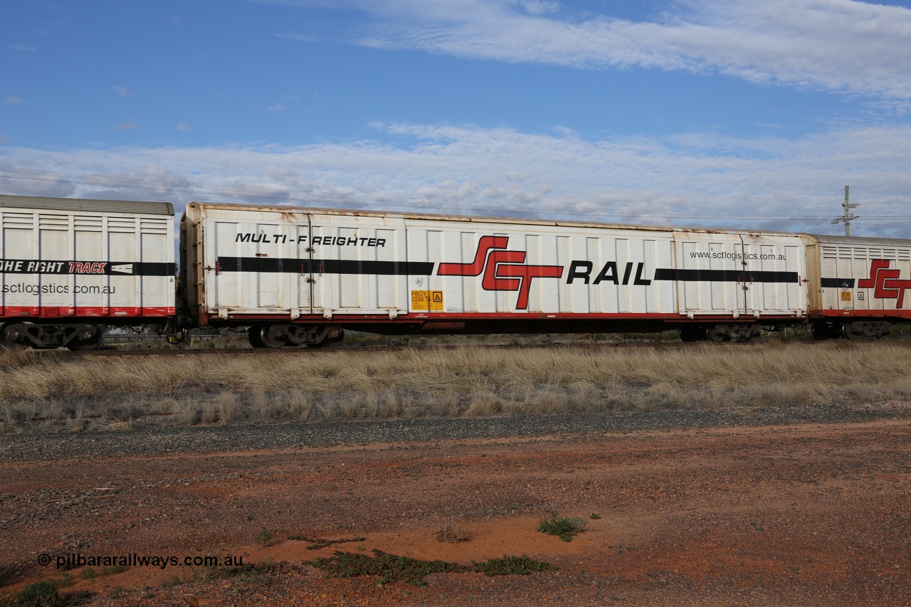 130710 1052
Parkeston, SCT train 3PG1, PBGY type covered van PBGY 0094 Multi-Freighter, one of eighty waggons from the second order built by Gemco WA for SCT.
Keywords: PBGY-type;PBGY0094;Gemco-WA;