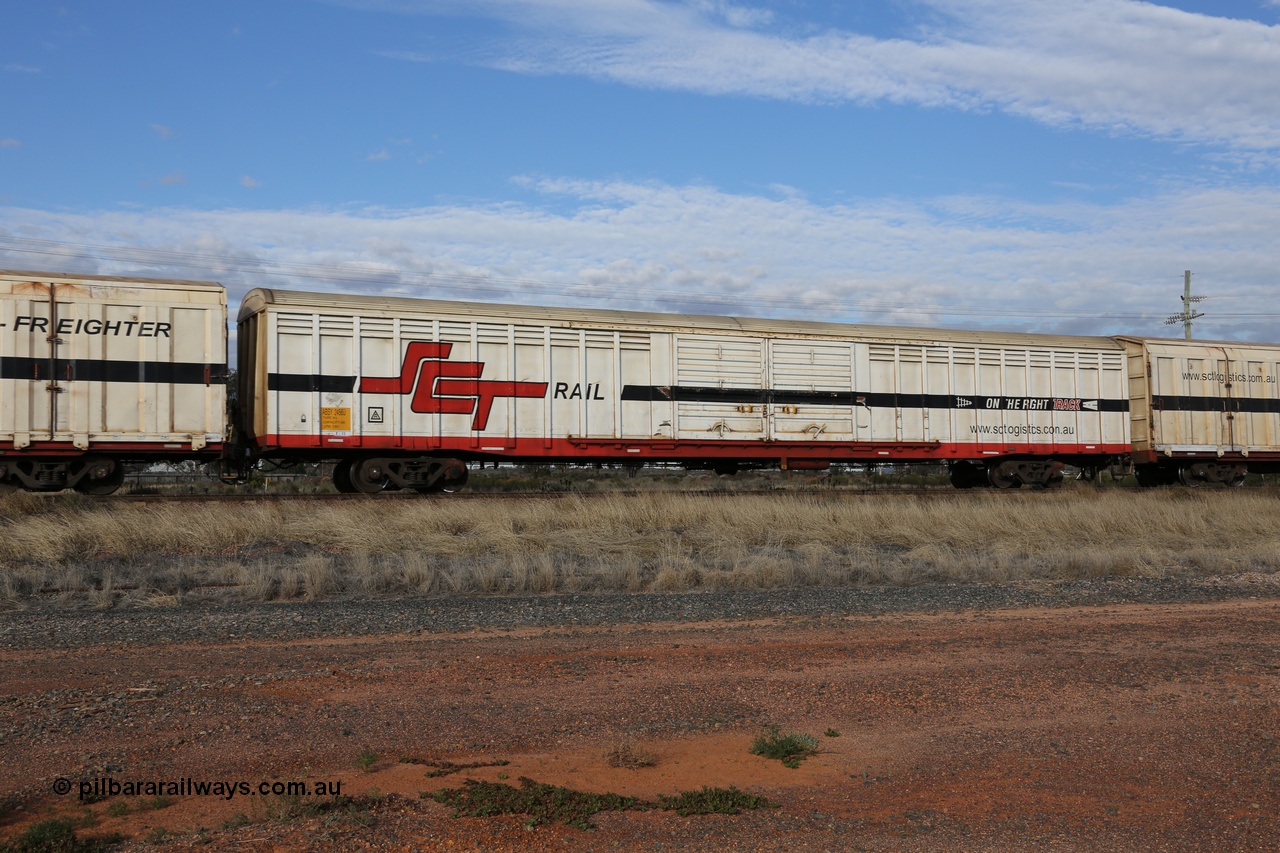 130710 1057
Parkeston, SCT train 3PG1, ABSY type ABSY 2456 covered van, originally built by Mechanical Handling Ltd SA in 1971 for Commonwealth Railways as VFX type recoded to ABFX and then RBFX to SCT as ABFY before being converted by Gemco WA to ABSY type in 2004/05.
Keywords: ABSY-type;ABSY2456;Mechanical-Handling-Ltd-SA;VFX-type;ABFX-type;RBFX-type;ABFY-type;