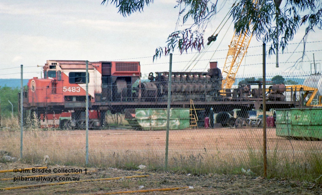 16953
Bassendean, the rear of Goninan's workshops, Mt Newman Mining's AE Goodwin built ALCo M636 unit 5483 serial G6061-4 being prepped for rebuilding into 5659 with the 251 engine and alternator visible. October 1993.
Jim Bisdee photo.
Keywords: 5483;AE-Goodwin;ALCo;M636C;G6061-4;
