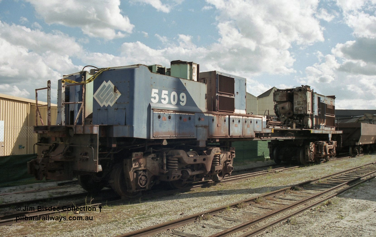 19796
Bassendean, Goninan workshops, former BHP Iron Ore Goninan GE rebuild C36-7M unit 5509, seen here stripped down to being an engine test bed, view from the no. 1 end. Sept 2003.
Jim Bisdee photo.
Keywords: 5509;Goninan;GE;C36-7M;4839-05/87-074;rebuild;AE-Goodwin;ALCo;C636;5452;G6012-1;