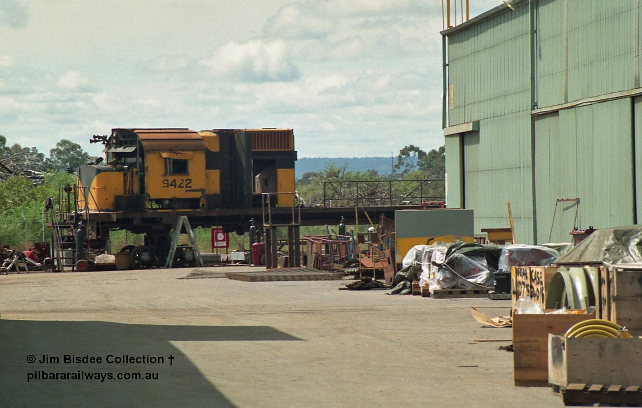 22472
Bassendean, Goninan workshops, Robe River's Comeng NSW built ALCo model M636 9422 serial C6103-2 is undergoing rebuilding into a GE CM40-8M unit, it would emerge rebuilt in March 1993. Image September 1992.
Jim Bisdee photo.
Keywords: 9422;Comeng-NSW;MLW-ALCo;M636;C6103-2;