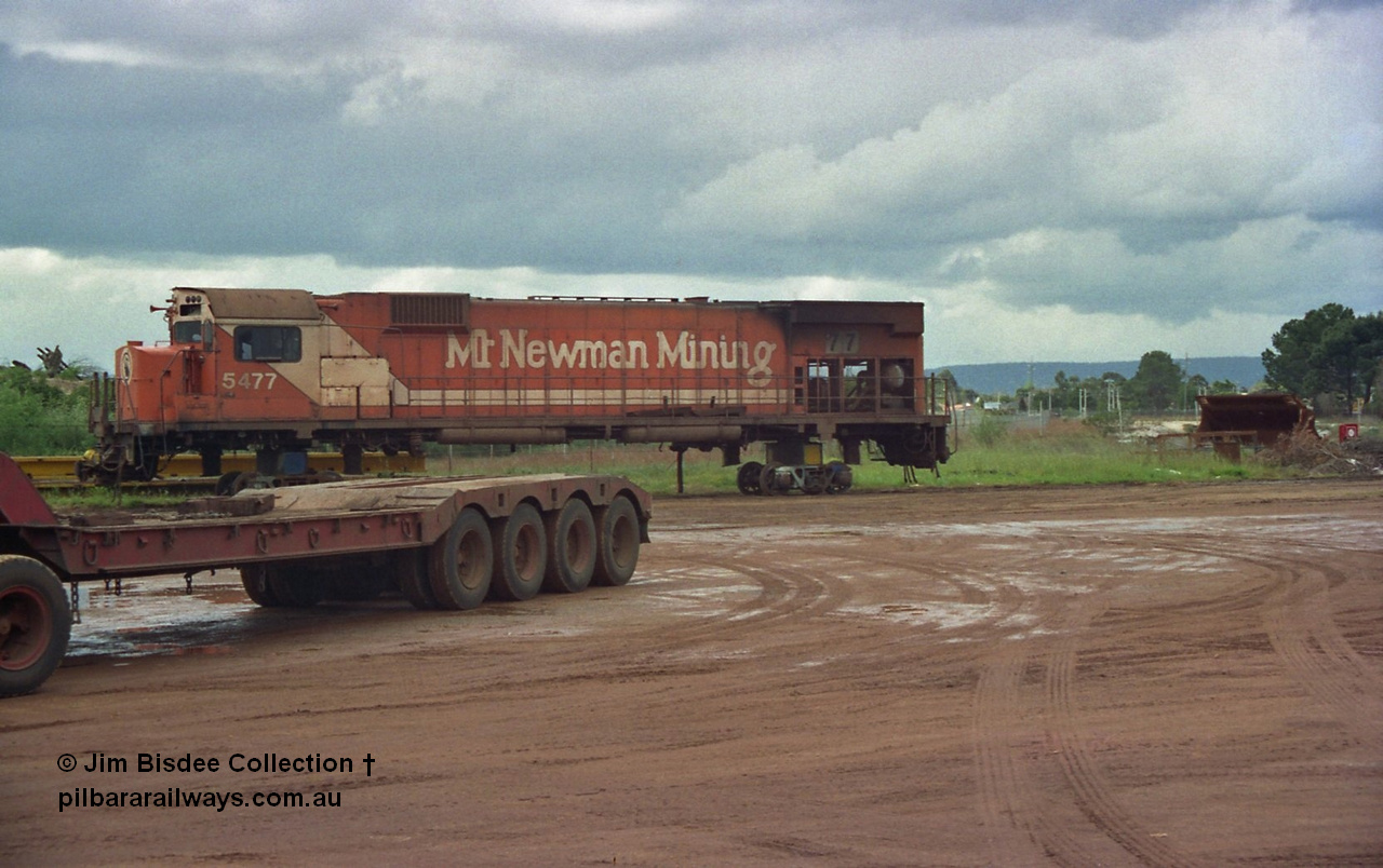 22708
Bassendean, Goninan workshops, Mt Newman Mining's AE Goodwin built ALCo model M636 5477 serial G6047-9 is undergoing rebuilding into a GE CM40-8M unit, it would emerge rebuilt in June 1993 as 5648.
Jim Bisdee photo.
Keywords: 5477;AE-Goodwin;ALCo;M636C;G6047-9;