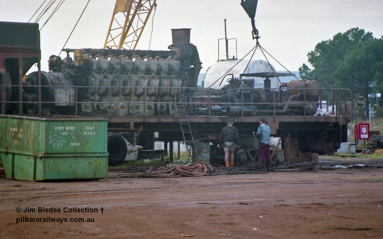 23907
Bassendean, Goninan workshops, Mt Newman Mining AE Goodwin built ALCo M636 unit, 5474 serial G6047-6 ALCo 251 prime mover, being stripped prior to rebuilding into CM40-8M 5655 in December 1993. July 1993.
Jim Bisdee photo.
Keywords: 5474;AE-Goodwin;ALCo;M636C;G6047-6;