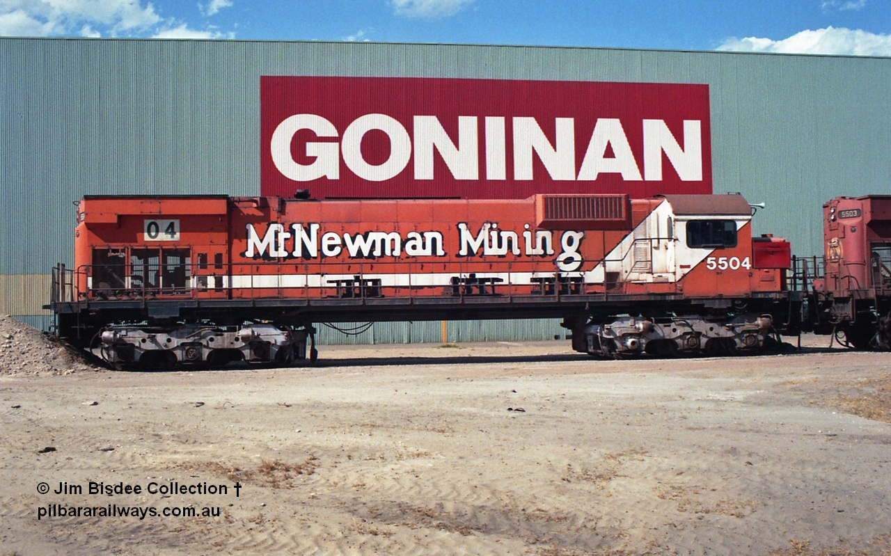 24901
Bassendean, Goninan workshops, Mt Newman Mining's Comeng NSW built ALCo M636 5504 serial C6104-2 sits out the back in a partially stripped state. This unit was subsequently scrapped. July 1995.
Jim Bisdee photo.
Keywords: 5504;Comeng-NSW;MLW-ALCo;M636;C6104-2;