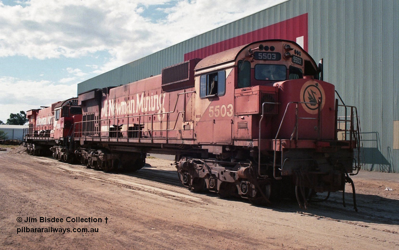 24905
Bassendean, Goninan workshops, Mt Newman Mining's Comeng NSW built ALCo M636 5503 serial C6104-1 sits out the back in a partially stripped state. This unit was subsequently scrapped. July 1995.
Jim Bisdee photo.
Keywords: 5503;Comeng-NSW;MLW-ALCo;M636;C6104-1;