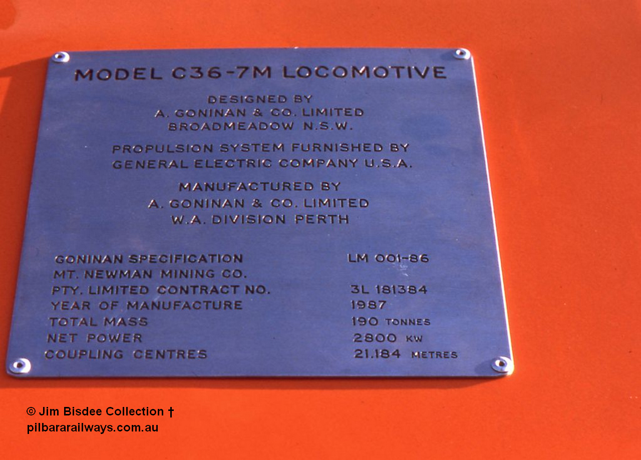 5953 001 Welshpool 1987Jan
Builders plate on Goninan rebuilt GE C36-7M unit 5506 'Mt Whaleback' serial 4839-01 / 87-071 rebuilt using Mt Newman Mining AE Goodwin ALCo C636 5455 serial G6012-4. January 1987.
Jim Bisdee photo.
Keywords: 5506;Goninan;GE;C36-7M;4839-01/87-071;rebuild;AE-Goodwin;ALCo;C636;5455;G6012-4;