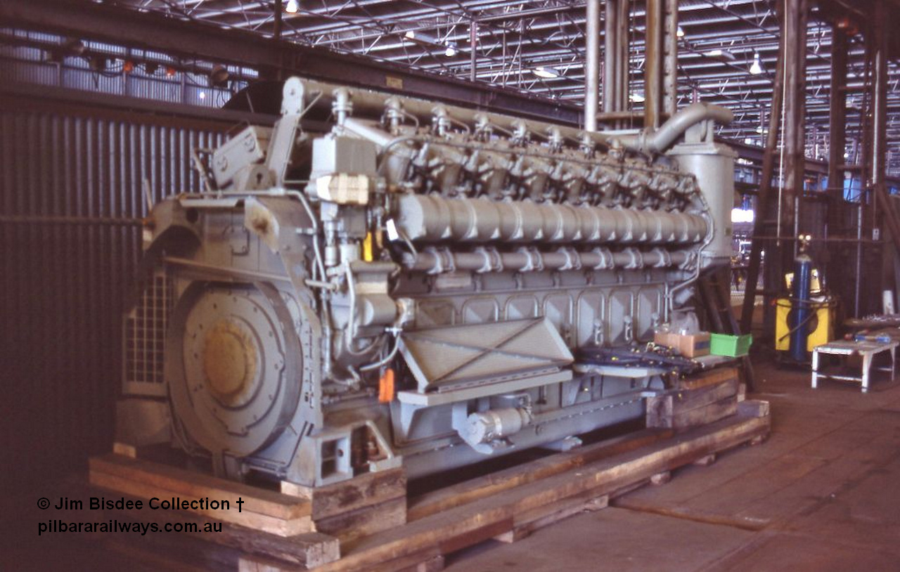 6984 001
Welshpool, Goninan Open Day 27th August, 1988. New GE 7FDL-16 prime mover awaiting fitting to one of the new CM39-8 units.
Jim Bisdee photo.
