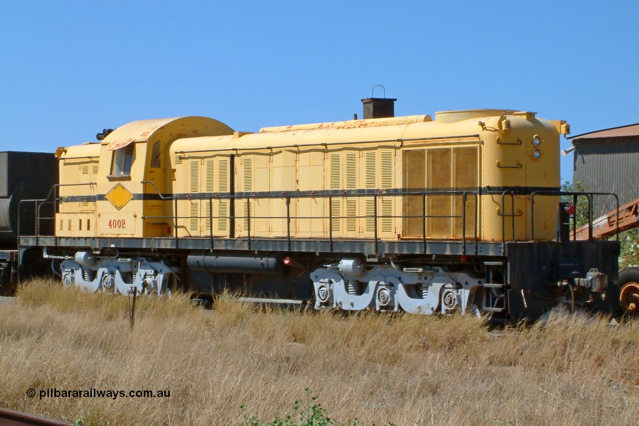 041014 142508r
Six Mile Dampier, Pilbara Railways Historical Society museum, former Cliffs Robe River Iron Associates RSC-3 model ALCo locomotive built by Montreal Locomotive Works (MLW) in 1951 for NSWGR as the 40 class 4002 serial 77733, purchased by CRRIA in 1971 and numbered 261.002, then 1705 and finally 9405. 4002 is preserved in an operational state and another claim to fame is it run the Royal Train in NSW February 1954. Thursday 14th October 2004.
Keywords: 4002;MLW;ALCo;RSC3;77733;9405;40-class;