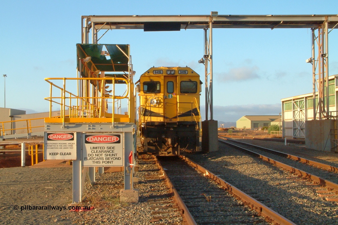 050109 182408r
Seven Mile workshop load testing bay, ex Robe River Goninan CM40-8M unit 9419 serial 8109-10/90-117. 9419 was originally ALCo built C630 serial 3486-3 of October 1967 for Chesapeake & Ohio as #2102. Bought by Robe River in January 1975, rebuilt by Goninan in 1990. Sunday 9th January 2005.
Keywords: 9419;Goninan;GE;CM40-8M;8109-10/90-117;rebuild;ALCo;Schenectady-NY;C630;C+O2102;3486-3;