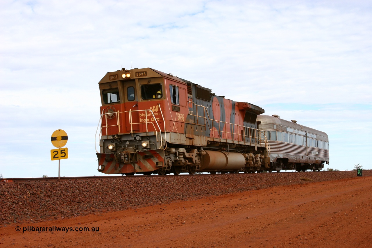 050624 3220
Allan Siding, 40.2 km on the GML sees BHP Billiton Goninan GE rebuilt model CM40-8M unit 5636 'Munda' serial 8151-11 / 91-122 leads the Sundowner on its way to Goldsworthy past a 25 kph speed restriction 24th June 2005.
Keywords: 5636;Goninan;GE;CM40-8M;8151-11/91-122;rebuild;AE-Goodwin;ALCo;C636;5462;G6035-3;