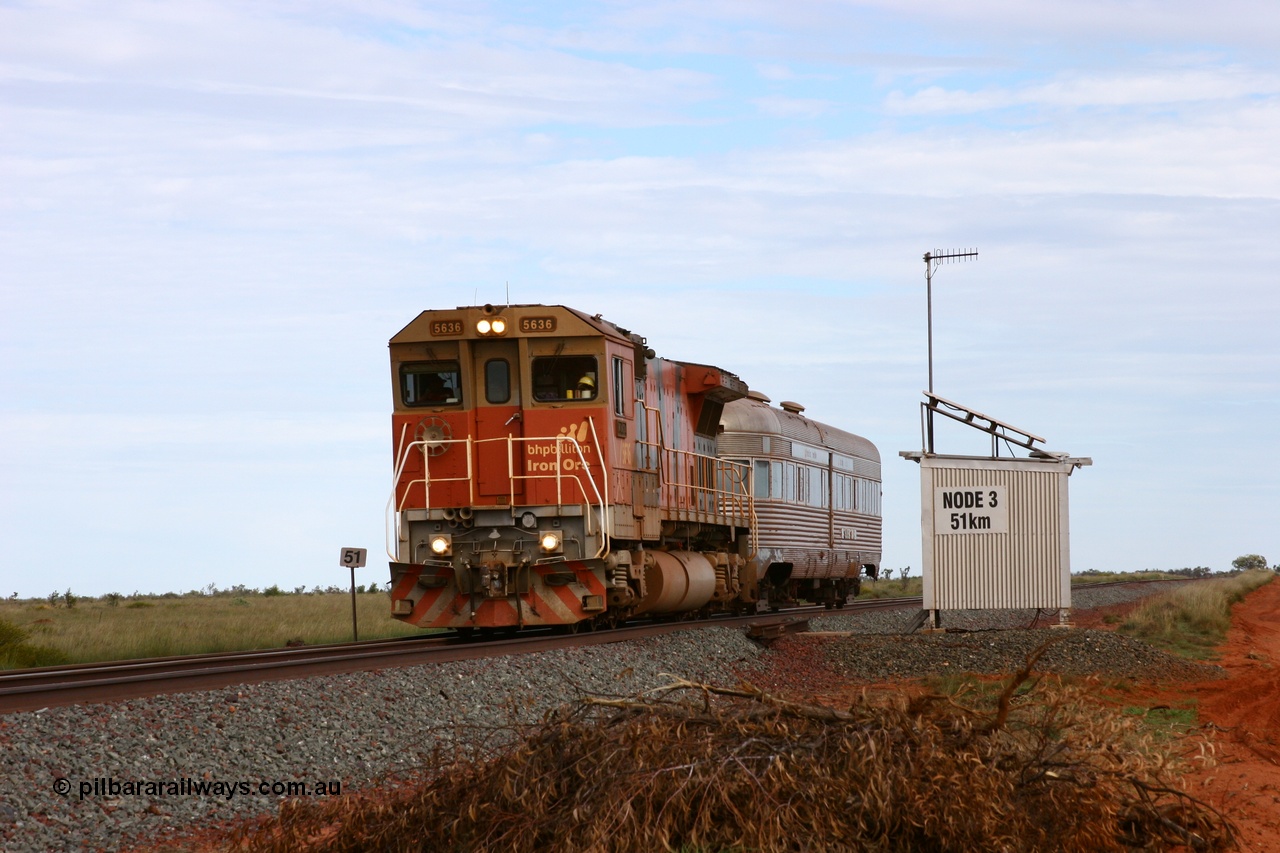 050624 3254
Node 3 location at the 51 km on the GML sees BHP Billiton Goninan GE rebuilt model CM40-8M unit 5636 'Munda' serial 8151-11 / 91-122 leads the Sundowner on its way to Goldsworthy passes the node cabin 24th June 2005.
Keywords: 5636;Goninan;GE;CM40-8M;8151-11/91-122;rebuild;AE-Goodwin;ALCo;C636;5462;G6035-3;