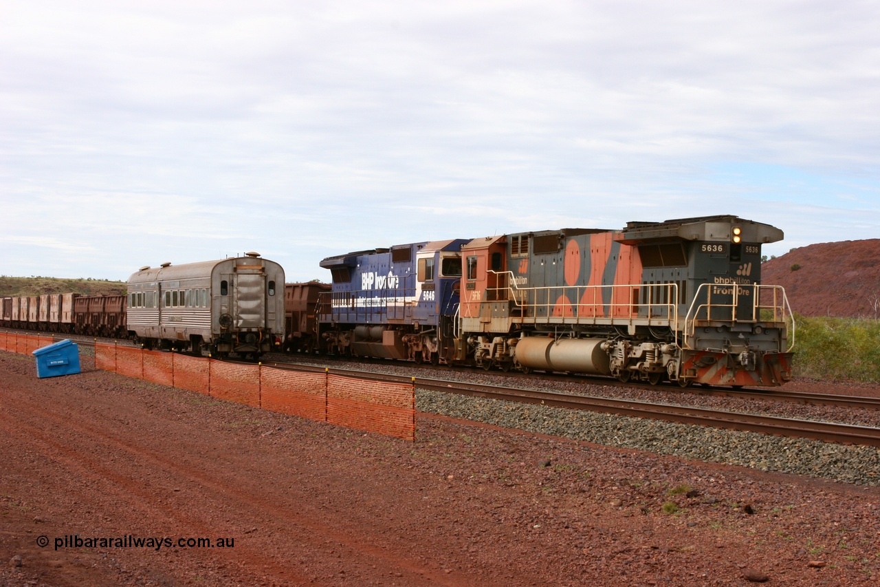 050624 3371
Goldsworthy Siding 110.8 km on the GML sees BHP Billiton Goninan GE rebuilt model CM40-8M unit 5636 'Munda' serial 8151-11 / 91-122 leading long end on a loaded Yarrie ore train assisting CM40-8 5646 past the Sundowner set up for the Black Rock Stakes 24th June 2005.
Keywords: 5636;Goninan;GE;CM40-8M;8151-11/91-122;rebuild;AE-Goodwin;ALCo;C636;5462;G6035-3;