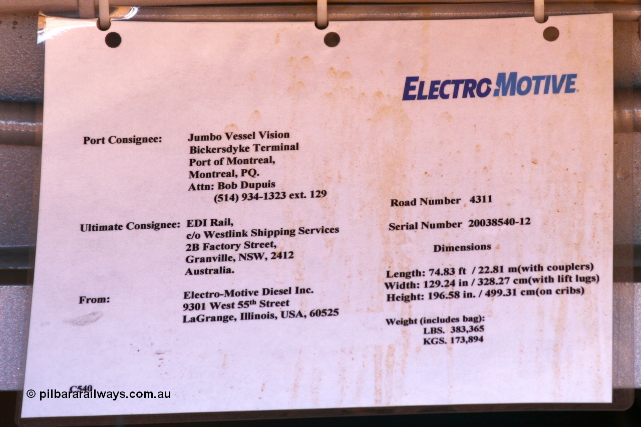 051022 5918r
Nelson Point the consignment note for BHP Billiton Electro-Motive built SD70ACe/LC loco 4311 serial 20038540-012, Electro-Motive order number C540. 22nd October 2005.
Keywords: 4311;Electro-Motive-London-Ontario;EMD;SD70ACe/LC;20038540-012;