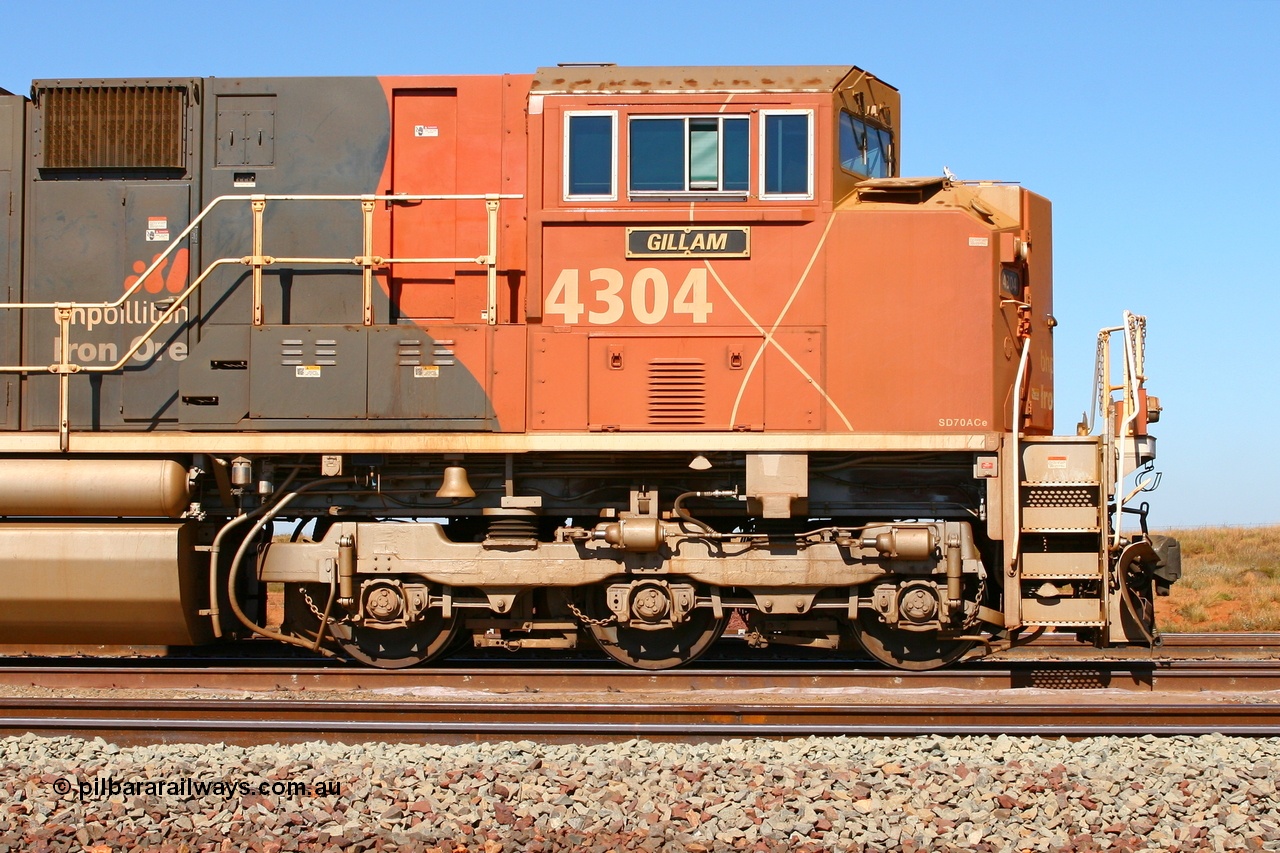 060710 6265r
Boodarie, BHP Billiton's Electro-Motive built SD70ACe/LC locomotive 4304 'Gillam' serial 20038540-005, these original fourteen units, 4301-4313 had the non-isolated cab and were later traded back to Progress Rail for new units. 10th July 2006.
Keywords: 4304;Electro-Motive;EMD;SD70ACe/LC;20038540-005;