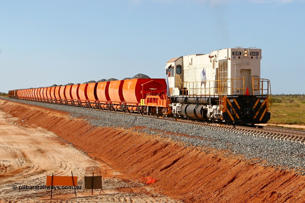 080202 1939r
Wodgina, at the grade crossing, Comeng WA ALCo rebuild C636R model DR 8401 'Jean' serial WA143-1 is ex Robe River 9426 and was originally ALCo C636 serial 3499-03 of 1968 for Pennsylvania Railroad (USA) #6332, runs south with a loaded ballast train. 2nd February 2008.
Keywords: DR-class;DR8401;Comeng-WA;C636R;WA143-1;9426;rebuild;ALCo;Schenectady-NY;C636;Conrail;6782;3499-3;