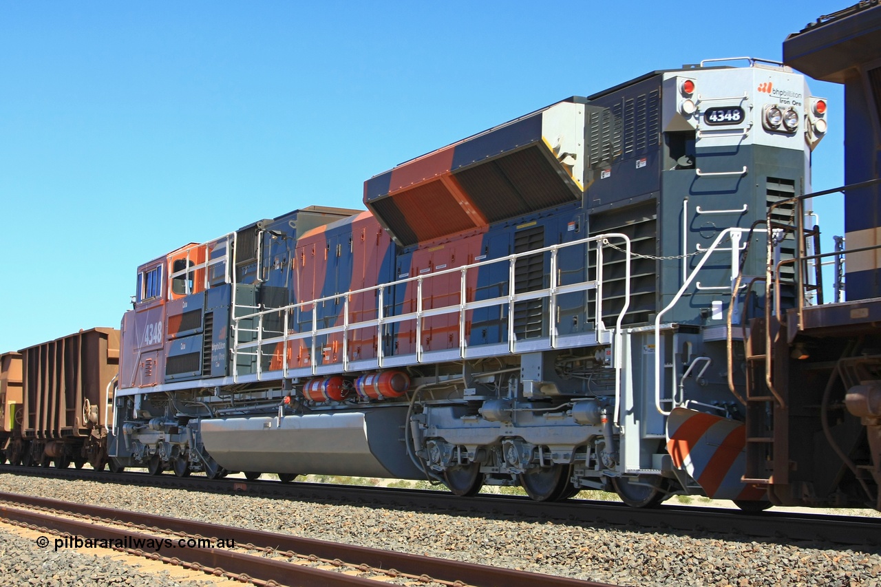 090814 2059r
Woodstock, having only been delivered the month before new BHP Billiton 4348 an Electro-Motive built EMD SD70ACe model locomotive with serial 20088019-002, from the fifth order for nine units, is under commissioning as a remote unit on a 330 waggon train. The unit has since been named 'Hematite'. 14th August 2009.
Keywords: 4348;Electro-Motive-London-Ontario;EMD;SD70ACe;20088019-002;