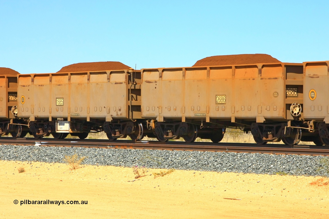 090814 2105r
Hunter Siding, instrumented ore waggon pair 1685 'control' and 2686 'slave' from the original order built by CSR at their Zhuzhou Rolling Stock Works in China. 14th August 2009.
Keywords: 1685-2686;CSR-Zhuzhou-Rolling-Stock-Works-China;FMG-ore-waggon;