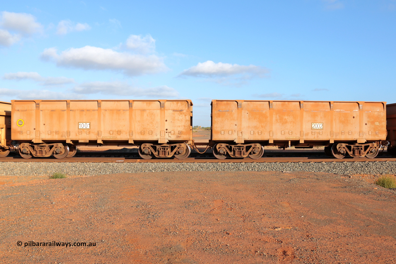 01001-02002 131126 3714
FMG 1001 and 2002 seen at Boodarie on an empty train, November 26, 2013. Original orders for 976 waggons numbered from 1001 slave and 2002 control up to 1975 slave and 2976 control built by CSR Zhuzhou Rolling Stock Works in 2007 and 2008 across two orders one for 816 waggons and the second for 160 waggons.
Keywords: 1001-2002;CSR-Zhuzhou-Rolling-Stock-Works;FMG-ore-waggon;