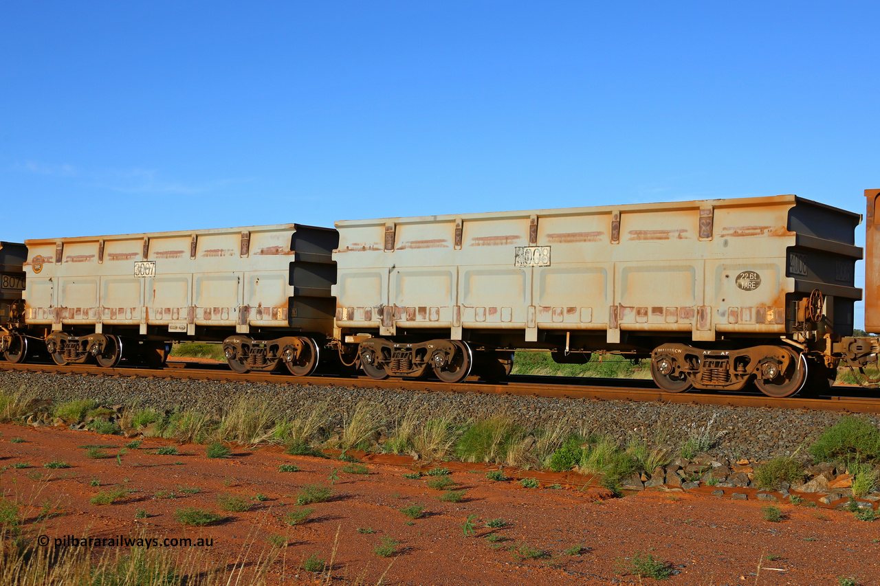 03007-04008 200412 6083
FMG 3007 and 4008 at Boodarie on an empty train, April 12, 2020. Large order of 992 waggons numbered from 3007 slave and 4008 control up to 3997 slave and 4998 control built by CNR QRRS Qiqihar Railway Rolling Stock Co. Ltd. between Nov 2010 to 2012.
Keywords: 3007-4008;CNR-QRRS-Qiqihar-Railway-Rolling-Stock-Co-Ltd;FMG-ore-waggon;
