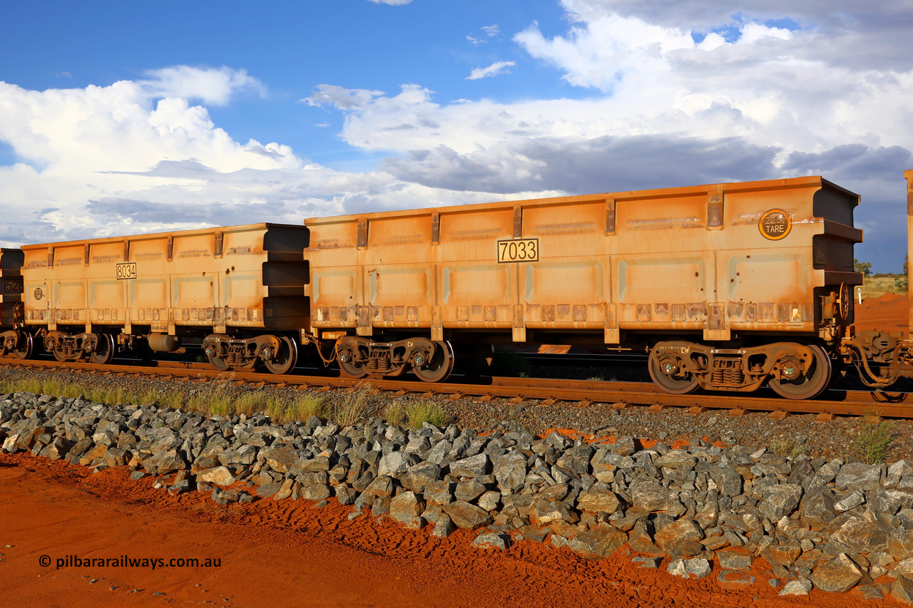 07033-08034 200409 4854
FMG 7033 and 8034 at Boodarie on an empty train, April 9, 2020. More CNR builds but 22.5 tonne tare, 244 waggons numbered 7033 slave and 8034 control, up to 7275 slave and 8276 control built by CNR QRRS Qiqihar Railway Rolling Stock Co. Ltd. in 2013.
Keywords: 7033-8034;CNR-QRRS-Qiqihar-Railway-Rolling-Stock-Co-Ltd;FMG-ore-waggon;