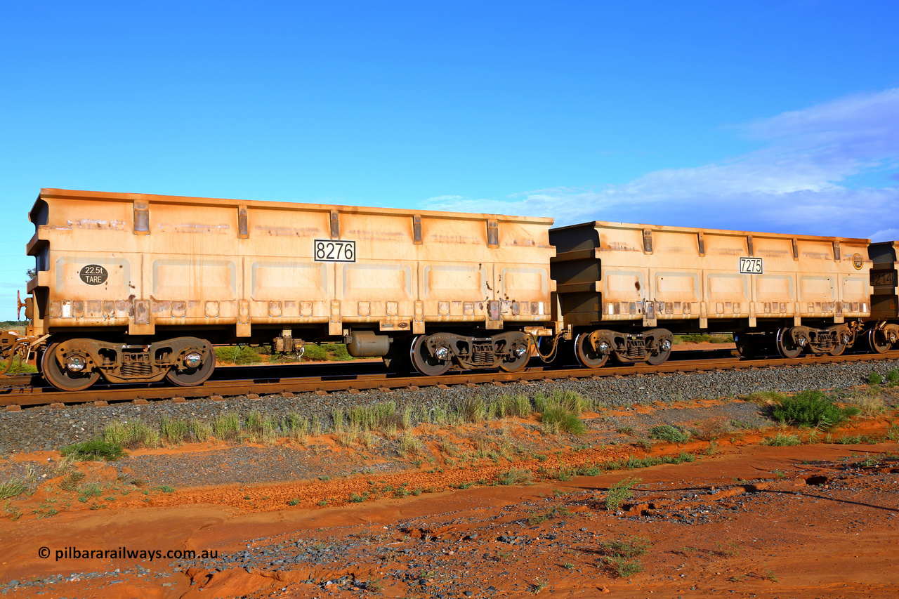 07275-08276 200412 5962
FMG 7275 and 8276 at Boodarie on an empty train, April 12, 2020. More CNR builds but 22.5 tonne tare, 244 waggons numbered 7033 slave and 8034 control, up to 7275 slave and 8276 control built by CNR QRRS Qiqihar Railway Rolling Stock Co. Ltd. in 2013.
Keywords: 7275-8276;CNR-QRRS-Qiqihar-Railway-Rolling-Stock-Co-Ltd;FMG-ore-waggon;