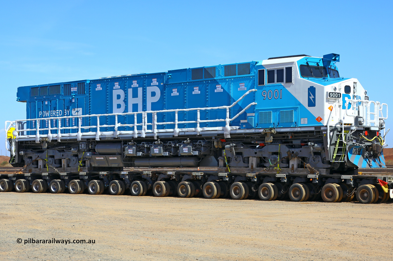 251116 4517 9001 NP RHS
Nelson Point, BHP's 9001 class leader, a brand new Wabtec built FLXdrive ™ battery electric locomotive, or BEL, was delivered to site on November 16, 2025. The BEL's, 9001 and 9002 were built by Wabtec at their Erie, Pennsylvania, USA plant and are designated as model FXH70C. Both locos were shipped on the BBC St Petersburg and road transport provided by Tutt Bryant. 9001 has serial number 66453 and a built date of Dec 2023.
Keywords: 9001;66453;Wabtec;BEL;FXH70C