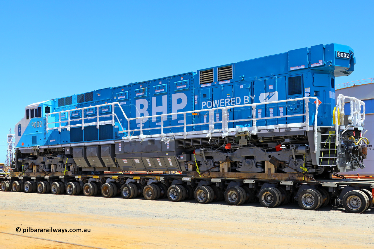 251117 4661 9002 NP LHS
Nelson Point, BHP's 9002, a brand new Wabtec built FLXdrive ™ battery electric locomotive, or BEL, was delivered to site on November 16, 2025. The BEL's, 9001 and 9002 were built by Wabtec at their Erie, Pennsylvania, USA plant and are designated as model FXH70C. Both locos were shipped on the BBC St Petersburg and road transport provided by Tutt Bryant. 9002 has serial number 66454 and a built date of Dec 2023.
Keywords: 9002;66454;Wabtec;BEL;FXH70C