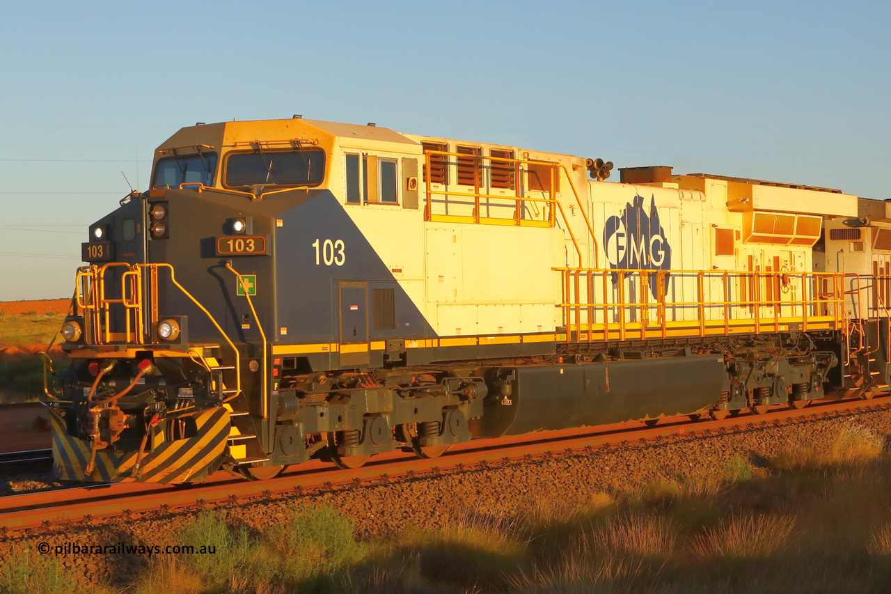 250507 0927
Boodarie, FMG's Wabtec rebuild AC44C6M unit 103 serial number 50632 returns to the port following servicing late in the afternnon on May 7, 2025.
These AC to DC conversions feature a new cab and a new radiator section similar to the ES44DCi and ACi units. FMG ordered twenty eight of these units from Wabtec, all rebuilt from former BNSF 9-44CW locomotives and they have kept the original build dates and serial numbers of the former units. FMG 103 was originally BNSF 4778 built back in June 1998 with serial number 50632.
Keywords: FMG-108;Wabtec;GE;AC44C6M;50632;rebuild;BNSF4778;Dash-9-44CW